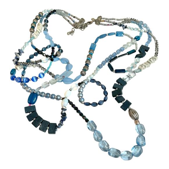 Chico’s Long Triple Strand Beaded Blue and Silver Tones Necklace - Picture 2 of 3
